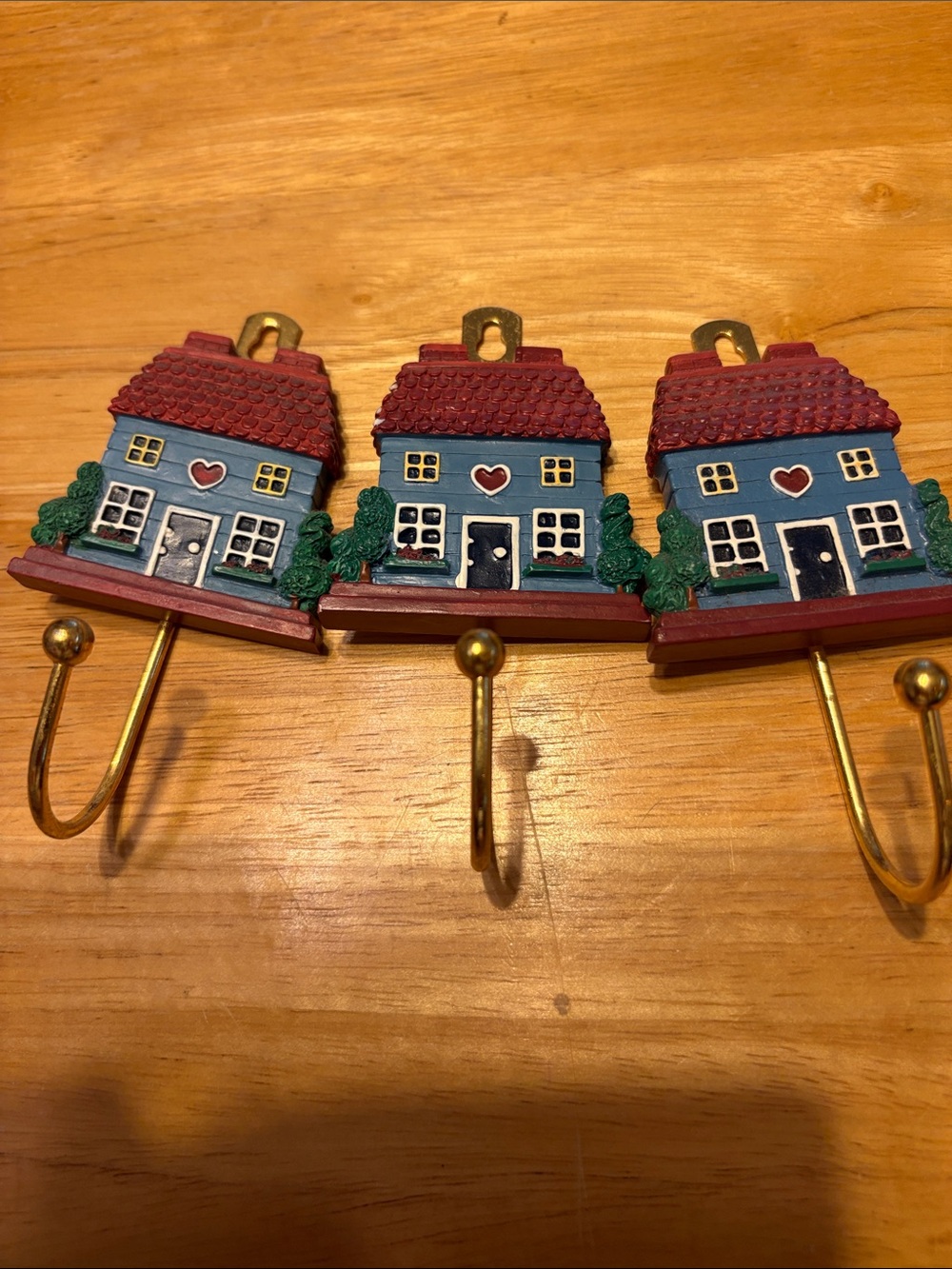 Avon Blue Cottage Wall Hooks with Red Roofs and Gold Hooks
